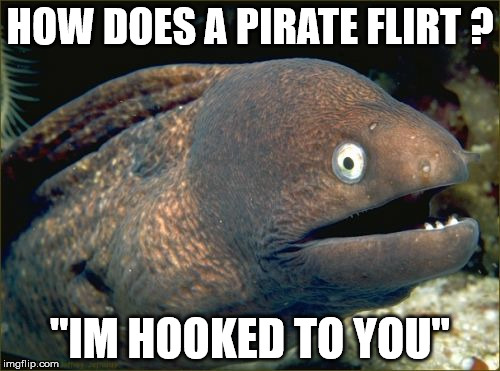 Bad Joke Eel | HOW DOES A PIRATE FLIRT ? "IM HOOKED TO YOU" | image tagged in memes,bad joke eel | made w/ Imgflip meme maker