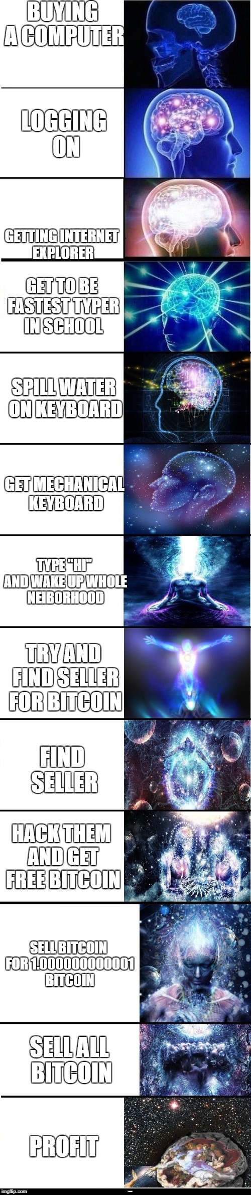 KNOWLEDGE | BUYING A COMPUTER; LOGGING ON; GETTING INTERNET EXPLORER; GET TO BE FASTEST TYPER IN SCHOOL; SPILL WATER ON KEYBOARD; GET MECHANICAL KEYBOARD; TYPE "HI" AND WAKE UP WHOLE NEIBORHOOD; TRY AND FIND SELLER FOR BITCOIN; FIND SELLER; HACK THEM AND GET FREE BITCOIN; SELL BITCOIN FOR 1.000000000001 BITCOIN; SELL ALL BITCOIN; PROFIT | image tagged in expanding brain extended | made w/ Imgflip meme maker