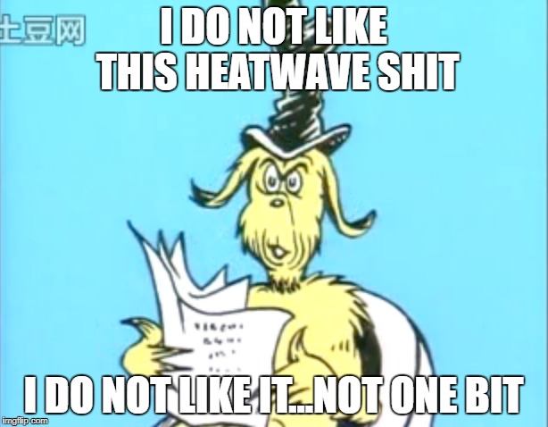 Sam I am Heatwave | I DO NOT LIKE THIS HEATWAVE SHIT; I DO NOT LIKE IT...NOT ONE BIT | image tagged in sam i am,heatwave | made w/ Imgflip meme maker