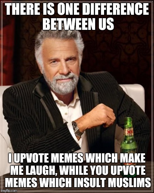 I hate people, searching for insulting memes instead of making something funny... | THERE IS ONE DIFFERENCE BETWEEN US; I UPVOTE MEMES WHICH MAKE ME LAUGH, WHILE YOU UPVOTE MEMES WHICH INSULT MUSLIMS | image tagged in memes,the most interesting man in the world,muslims,no racism | made w/ Imgflip meme maker