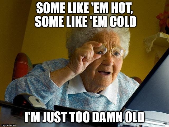 Grandma Finds The Internet Meme | SOME LIKE 'EM HOT, SOME LIKE 'EM COLD I'M JUST TOO DAMN OLD | image tagged in memes,grandma finds the internet | made w/ Imgflip meme maker
