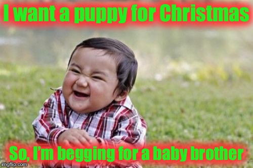 How to get a puppy for Christmas | I want a puppy for Christmas; So, I’m begging for a baby brother | image tagged in memes,evil toddler,christmas,baby,puppy,psychology | made w/ Imgflip meme maker