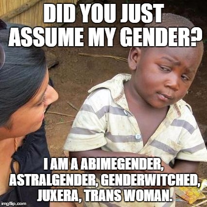 Third World Skeptical Kid | DID YOU JUST ASSUME MY GENDER? I AM A ABIMEGENDER, ASTRALGENDER, GENDERWITCHED, JUXERA, TRANS WOMAN. | image tagged in memes,third world skeptical kid | made w/ Imgflip meme maker