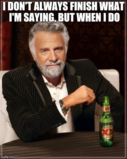 The Most Interesting Man In The World Meme | I DON'T ALWAYS FINISH WHAT I'M SAYING, BUT WHEN I DO | image tagged in memes,the most interesting man in the world | made w/ Imgflip meme maker