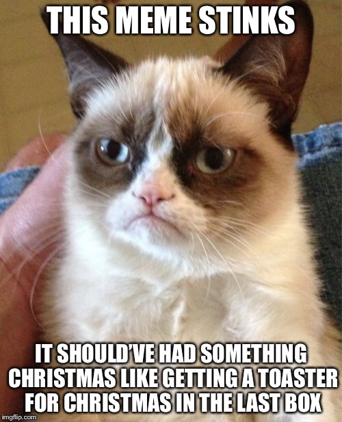 Grumpy Cat Meme | THIS MEME STINKS IT SHOULD’VE HAD SOMETHING CHRISTMAS LIKE GETTING A TOASTER FOR CHRISTMAS IN THE LAST BOX | image tagged in memes,grumpy cat | made w/ Imgflip meme maker