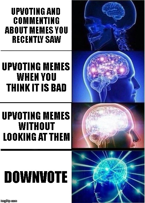 Expanding Brain | UPVOTING AND COMMENTING ABOUT MEMES YOU RECENTLY SAW; UPVOTING MEMES WHEN YOU THINK IT IS BAD; UPVOTING MEMES WITHOUT LOOKING AT THEM; DOWNVOTE | image tagged in memes,expanding brain | made w/ Imgflip meme maker