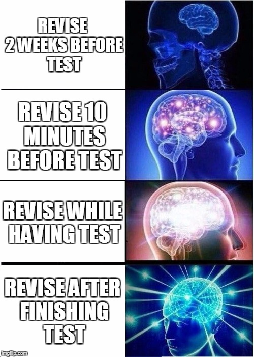 Expanding Brain | REVISE 2 WEEKS BEFORE TEST; REVISE 10 MINUTES BEFORE TEST; REVISE WHILE HAVING TEST; REVISE AFTER FINISHING TEST | image tagged in memes,expanding brain | made w/ Imgflip meme maker