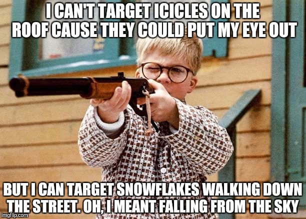 Putting my Red Rider lever action single shot BB Gun to good use | I CAN'T TARGET ICICLES ON THE ROOF CAUSE THEY COULD PUT MY EYE OUT; BUT I CAN TARGET SNOWFLAKES WALKING DOWN THE STREET. OH, I MEANT FALLING FROM THE SKY | image tagged in a christmas story | made w/ Imgflip meme maker