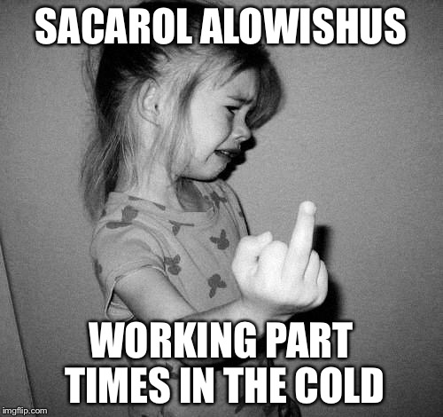 little girl crying | SACAROL ALOWISHUS; WORKING PART TIMES IN THE COLD | image tagged in little girl crying | made w/ Imgflip meme maker