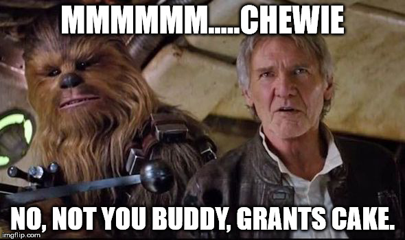 hans solo  | MMMMMM.....CHEWIE; NO, NOT YOU BUDDY, GRANTS CAKE. | image tagged in hans solo | made w/ Imgflip meme maker
