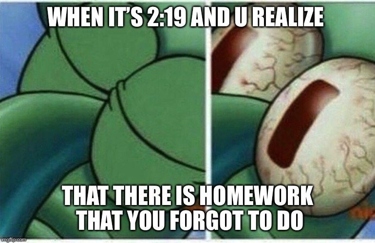 Squidward | WHEN IT’S 2:19 AND U REALIZE; THAT THERE IS HOMEWORK THAT YOU FORGOT TO DO | image tagged in squidward | made w/ Imgflip meme maker