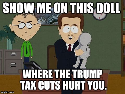 Show me on this doll | SHOW ME ON THIS DOLL; WHERE THE TRUMP TAX CUTS HURT YOU. | image tagged in show me on this doll | made w/ Imgflip meme maker