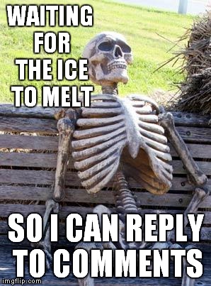Waiting Skeleton Meme | WAITING FOR THE ICE TO MELT SO I CAN REPLY TO COMMENTS | image tagged in memes,waiting skeleton | made w/ Imgflip meme maker