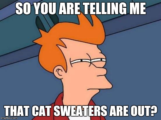 Futurama Fry | SO YOU ARE TELLING ME; THAT CAT SWEATERS ARE OUT? | image tagged in memes,futurama fry | made w/ Imgflip meme maker