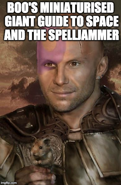 Boo's Miniaturised Giant Guide to Space and the Spelljammer | BOO'S MINIATURISED GIANT GUIDE TO SPACE AND THE SPELLJAMMER | image tagged in minsc and boo,spelljammer | made w/ Imgflip meme maker