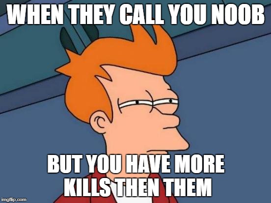 Futurama Fry Meme | WHEN THEY CALL YOU NOOB; BUT YOU HAVE MORE KILLS THEN THEM | image tagged in memes,futurama fry | made w/ Imgflip meme maker