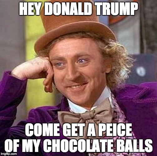 Creepy Condescending Wonka Meme | HEY DONALD TRUMP; COME GET A PEICE OF MY CHOCOLATE BALLS | image tagged in memes,creepy condescending wonka | made w/ Imgflip meme maker