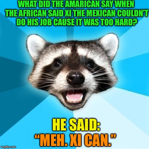 Get it? Mexican? HA!Sorry. | WHAT DID THE AMARICAN SAY WHEN THE AFRICAN SAID XI THE MEXICAN COULDN’T DO HIS JOB CAUSE IT WAS TOO HARD? HE SAID:; “MEH. XI CAN.” | image tagged in memes,lame pun coon,mexican,american,african | made w/ Imgflip meme maker
