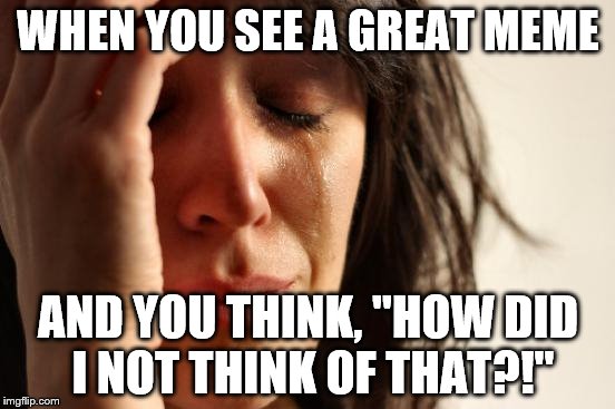 First World Problems Meme | WHEN YOU SEE A GREAT MEME; AND YOU THINK, "HOW DID I NOT THINK OF THAT?!" | image tagged in memes,first world problems | made w/ Imgflip meme maker