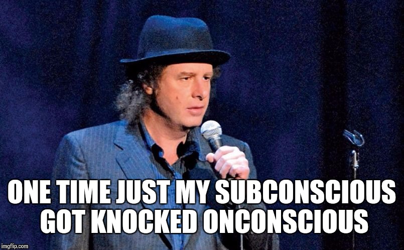 Steven Wright | ONE TIME JUST MY SUBCONSCIOUS GOT KNOCKED ONCONSCIOUS | image tagged in steven wright,memes | made w/ Imgflip meme maker