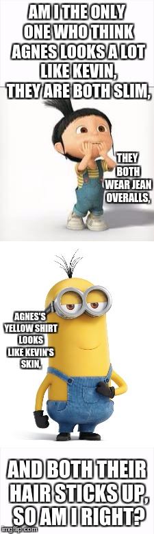 AM I THE ONLY ONE WHO THINK AGNES LOOKS A LOT LIKE KEVIN, THEY ARE BOTH SLIM, THEY BOTH WEAR JEAN OVERALLS, AGNES'S YELLOW SHIRT LOOKS LIKE KEVIN'S SKIN, AND BOTH THEIR HAIR STICKS UP, SO AM I RIGHT? | image tagged in despicable me | made w/ Imgflip meme maker