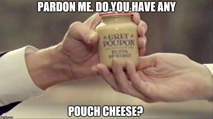Grey Poupon | PARDON ME. DO YOU HAVE ANY; POUCH CHEESE? | image tagged in grey poupon | made w/ Imgflip meme maker