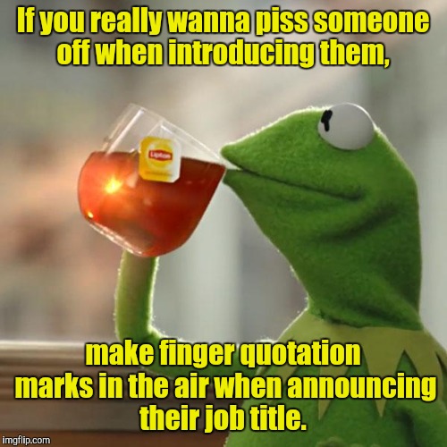 But That's None Of My Business | If you really wanna piss someone off when introducing them, make finger quotation marks in the air when announcing their job title. | image tagged in memes,but thats none of my business,kermit the frog | made w/ Imgflip meme maker