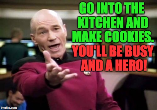 Picard Wtf Meme | GO INTO THE KITCHEN AND MAKE COOKIES. YOU'LL BE BUSY AND A HERO! | image tagged in memes,picard wtf | made w/ Imgflip meme maker
