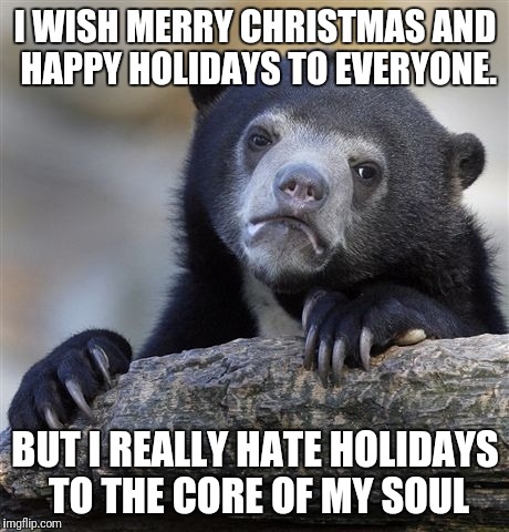 Confession Bear Meme | I WISH MERRY CHRISTMAS AND HAPPY HOLIDAYS TO EVERYONE. BUT I REALLY HATE HOLIDAYS TO THE CORE OF MY SOUL | image tagged in memes,confession bear | made w/ Imgflip meme maker