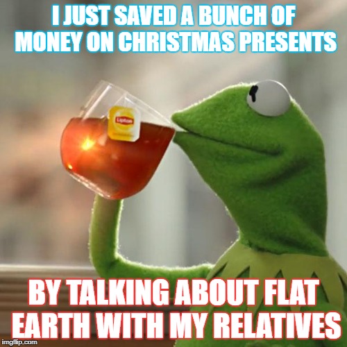 But That's None Of My Business | I JUST SAVED A BUNCH OF MONEY ON CHRISTMAS PRESENTS; BY TALKING ABOUT FLAT EARTH WITH MY RELATIVES | image tagged in memes,but thats none of my business,kermit the frog | made w/ Imgflip meme maker