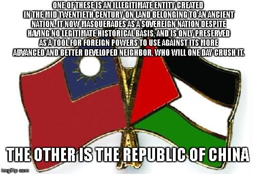Taiwan Palestine Flags | ONE OF THESE IS AN ILLEGITIMATE ENTITY CREATED IN THE MID TWENTIETH CENTURY ON LAND BELONGING TO AN ANCIENT NATION. IT NOW MASQUERADES AS A SOVEREIGN NATION DESPITE HAVING NO LEGITIMATE HISTORICAL BASIS, AND IS ONLY PRESERVED AS A TOOL FOR FOREIGN POWERS TO USE AGAINST ITS MORE ADVANCED AND BETTER DEVELOPED NEIGHBOR, WHO WILL ONE DAY CRUSH IT. THE OTHER IS THE REPUBLIC OF CHINA | image tagged in taiwan | made w/ Imgflip meme maker