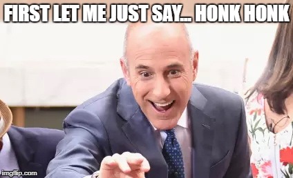 Matt Lauer interview | FIRST LET ME JUST SAY... HONK HONK | image tagged in lauer | made w/ Imgflip meme maker