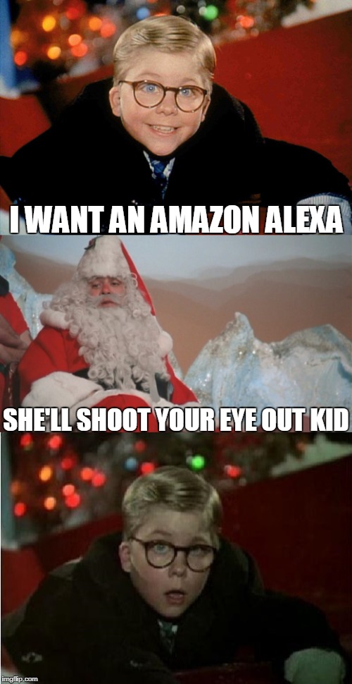 Bad Pun A Christmas Story | I WANT AN AMAZON ALEXA; SHE'LL SHOOT YOUR EYE OUT KID | image tagged in funny,bad pun,a christmas story,amazon,alexa | made w/ Imgflip meme maker