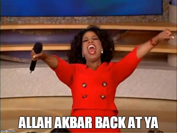 Oprah You Get A Meme | ALLAH AKBAR BACK AT YA | image tagged in memes,oprah you get a | made w/ Imgflip meme maker