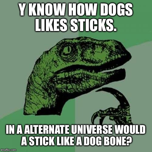 Philosoraptor | Y KNOW HOW DOGS LIKES STICKS. IN A ALTERNATE UNIVERSE WOULD A STICK LIKE A DOG BONE? | image tagged in memes,philosoraptor | made w/ Imgflip meme maker
