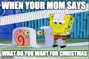 Spongebob's List | WHEN YOUR MOM SAYS; WHAT DO YOU WANT FOR CHRISTMAS | image tagged in spongebob's list | made w/ Imgflip meme maker