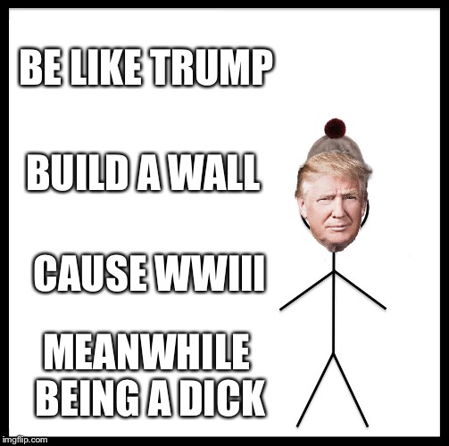 Be a trump | BE LIKE TRUMP; BUILD A WALL; CAUSE WWIII; MEANWHILE BEING A DICK | image tagged in memes | made w/ Imgflip meme maker