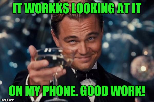 Leonardo Dicaprio Cheers Meme | IT WORKKS LOOKING AT IT ON MY PHONE. GOOD WORK! | image tagged in memes,leonardo dicaprio cheers | made w/ Imgflip meme maker