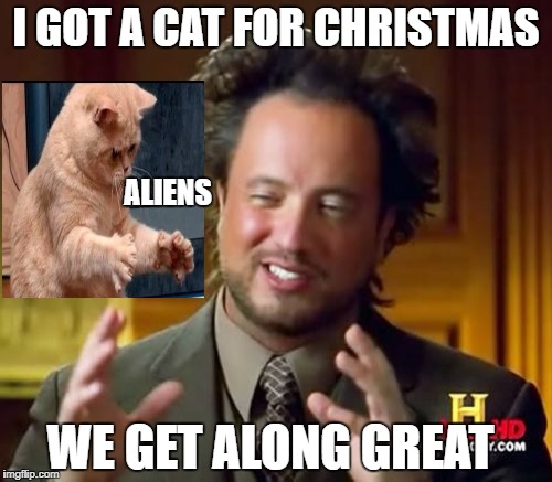 Ancient Aliens helper | I GOT A CAT FOR CHRISTMAS; ALIENS; WE GET ALONG GREAT | image tagged in memes,ancient aliens,cat | made w/ Imgflip meme maker