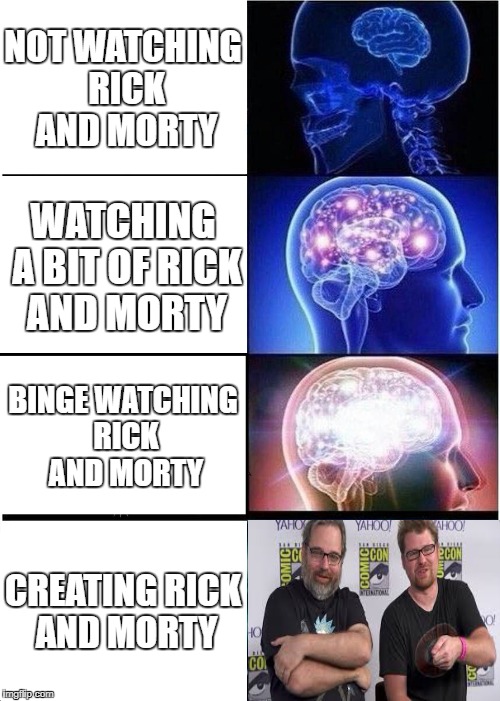 merry christmas! (only people w/ an iq of 300+ will understand) | NOT WATCHING RICK AND MORTY; WATCHING A BIT OF RICK AND MORTY; BINGE WATCHING RICK AND MORTY; CREATING RICK AND MORTY | image tagged in memes,expanding brain,funny,christmas,xmas,cwishmish | made w/ Imgflip meme maker