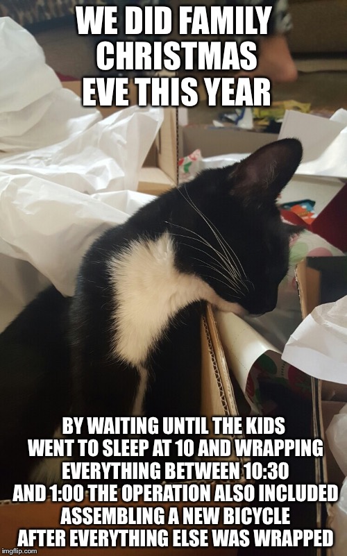 WE DID FAMILY CHRISTMAS EVE THIS YEAR BY WAITING UNTIL THE KIDS WENT TO SLEEP AT 10 AND WRAPPING EVERYTHING BETWEEN 10:30 AND 1:00 THE OPERA | made w/ Imgflip meme maker