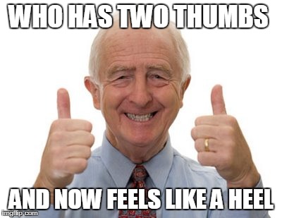 old man two thumbs up | WHO HAS TWO THUMBS AND NOW FEELS LIKE A HEEL | image tagged in old man two thumbs up | made w/ Imgflip meme maker
