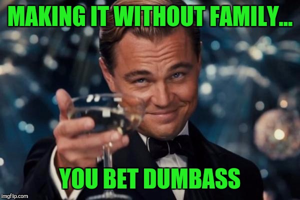 Leonardo Dicaprio Cheers | MAKING IT WITHOUT FAMILY... YOU BET DUMBASS | image tagged in memes,leonardo dicaprio cheers | made w/ Imgflip meme maker