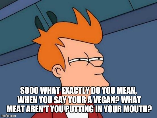 Futurama Fry Meme | SOOO WHAT EXACTLY DO YOU MEAN, WHEN YOU SAY YOUR A VEGAN? WHAT MEAT AREN'T YOU PUTTING IN YOUR MOUTH? | image tagged in memes,futurama fry | made w/ Imgflip meme maker
