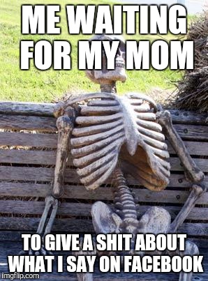 Waiting Skeleton | ME WAITING FOR MY MOM; TO GIVE A SHIT ABOUT WHAT I SAY ON FACEBOOK | image tagged in memes,waiting skeleton | made w/ Imgflip meme maker