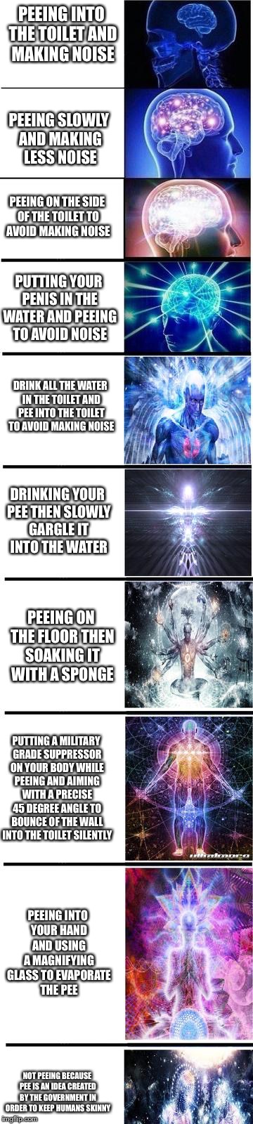 Shhhhhhhhhh Be quiet | PEEING INTO THE TOILET AND MAKING NOISE; PEEING SLOWLY AND MAKING LESS NOISE; PEEING ON THE SIDE OF THE TOILET TO AVOID MAKING NOISE; PUTTING YOUR PENIS IN THE WATER AND PEEING TO AVOID NOISE; DRINK ALL THE WATER IN THE TOILET AND PEE INTO THE TOILET TO AVOID MAKING NOISE; DRINKING YOUR PEE THEN SLOWLY GARGLE IT INTO THE WATER; PEEING ON THE FLOOR THEN SOAKING IT WITH A SPONGE; PUTTING A MILITARY GRADE SUPPRESSOR ON YOUR BODY WHILE PEEING AND AIMING WITH A PRECISE 45 DEGREE ANGLE TO BOUNCE OF THE WALL INTO THE TOILET SILENTLY; PEEING INTO YOUR HAND AND USING A MAGNIFYING GLASS TO EVAPORATE THE PEE; NOT PEEING BECAUSE PEE IS AN IDEA CREATED BY THE GOVERNMENT IN ORDER TO KEEP HUMANS SKINNY | image tagged in expanding brain,memes | made w/ Imgflip meme maker
