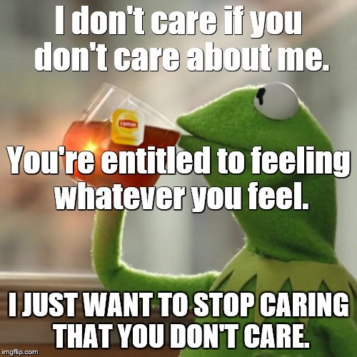 Don't Care If You Don't Care | I don't care if you don't care about me. You're entitled to feeling whatever you feel. I JUST WANT TO STOP CARING THAT YOU DON'T CARE. | image tagged in memes,kermit the frog,don't care if you don't care,stop caring that you don't care | made w/ Imgflip meme maker