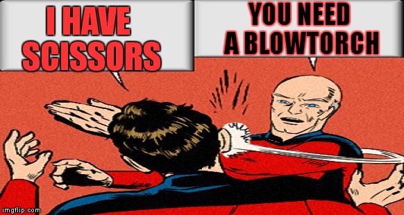 picard slap | I HAVE SCISSORS YOU NEED A BLOWTORCH | image tagged in picard slap | made w/ Imgflip meme maker