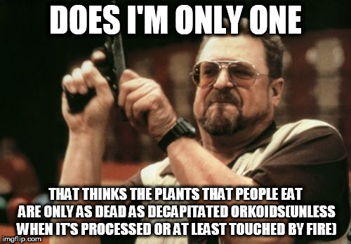 Am I The Only One Around Here Meme | DOES I'M ONLY ONE; THAT THINKS THE PLANTS THAT PEOPLE EAT ARE ONLY AS DEAD AS DECAPITATED ORKOIDS(UNLESS WHEN IT'S PROCESSED OR AT LEAST TOUCHED BY FIRE) | image tagged in memes,am i the only one around here | made w/ Imgflip meme maker