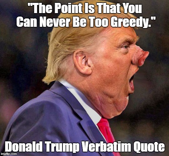 Donald Trump: Piggish By His Own Admission | "The Point Is That You Can Never Be Too Greedy." Donald Trump Verbatim Quote | image tagged in deplorable donald,despicable donald,devious donald,dishonorable donald,deceitful donald,dishonest donald | made w/ Imgflip meme maker